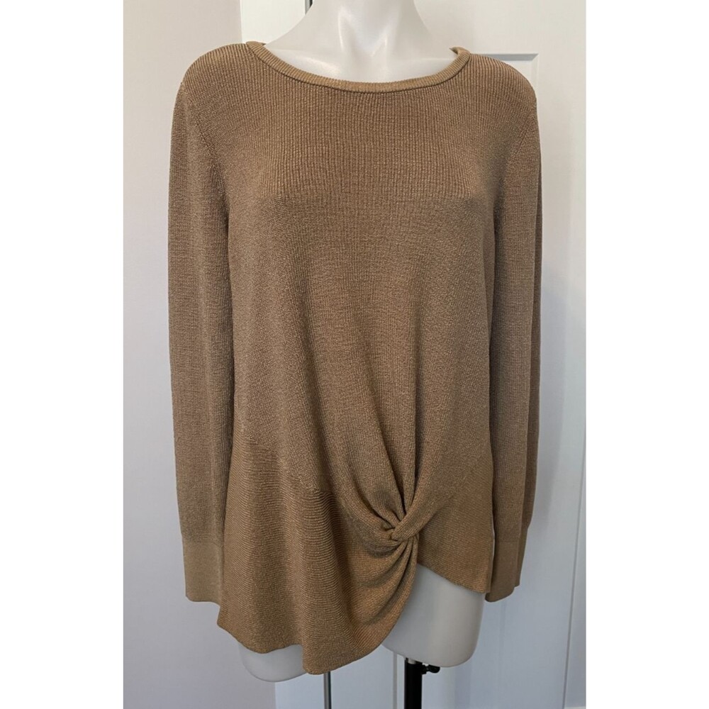 CHICOS Womens SWEATER Long Sleeve TAN Gold Twist Front Size 3 (XL)